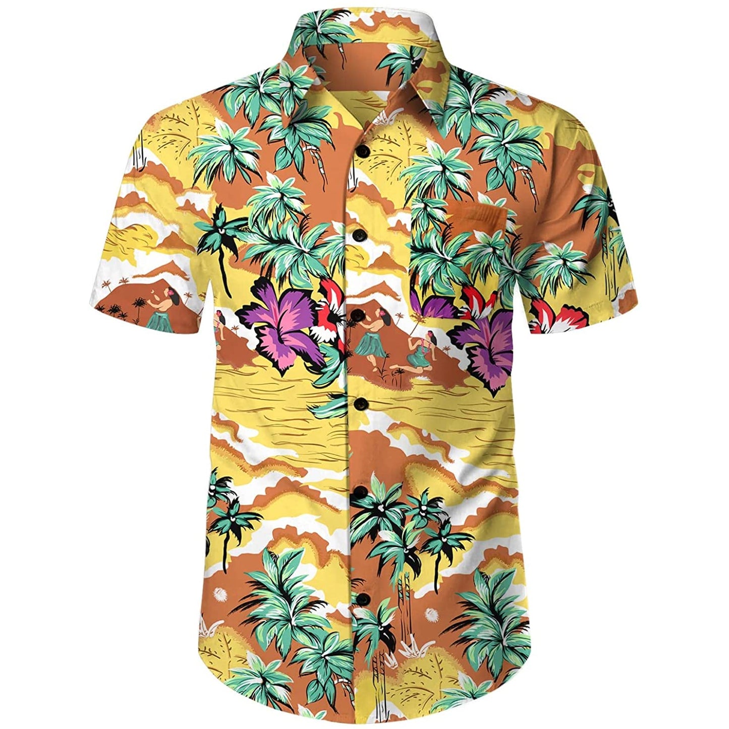 Doopccor 80s Yellow Palm Tree Vintage Button-Down Hawaiian Shirt