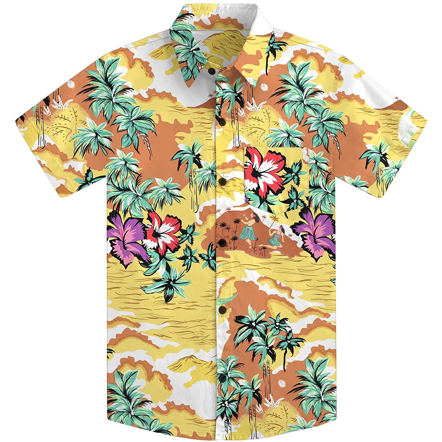 Doopccor 80s Yellow Palm Tree Vintage Button-Down Hawaiian Shirt