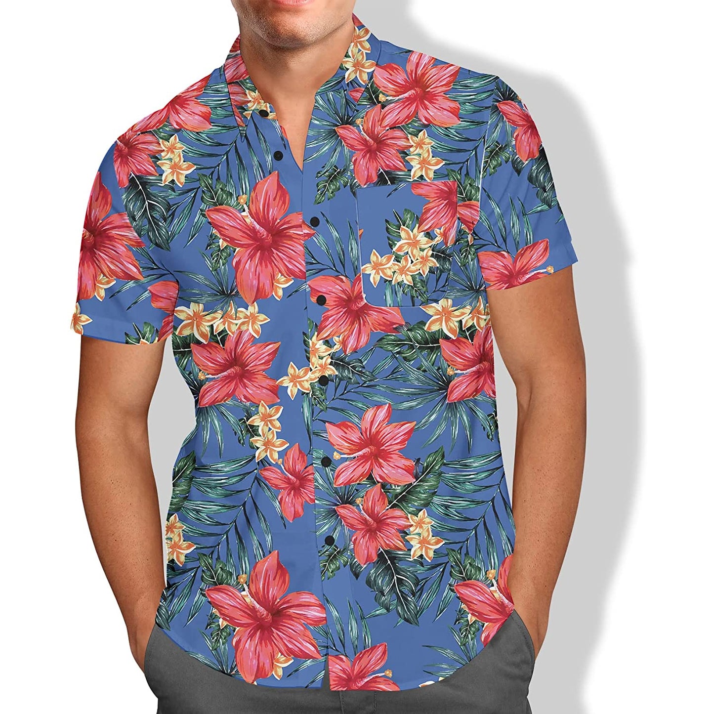 Red Flowers Blue Floral Hawaiian Shirt