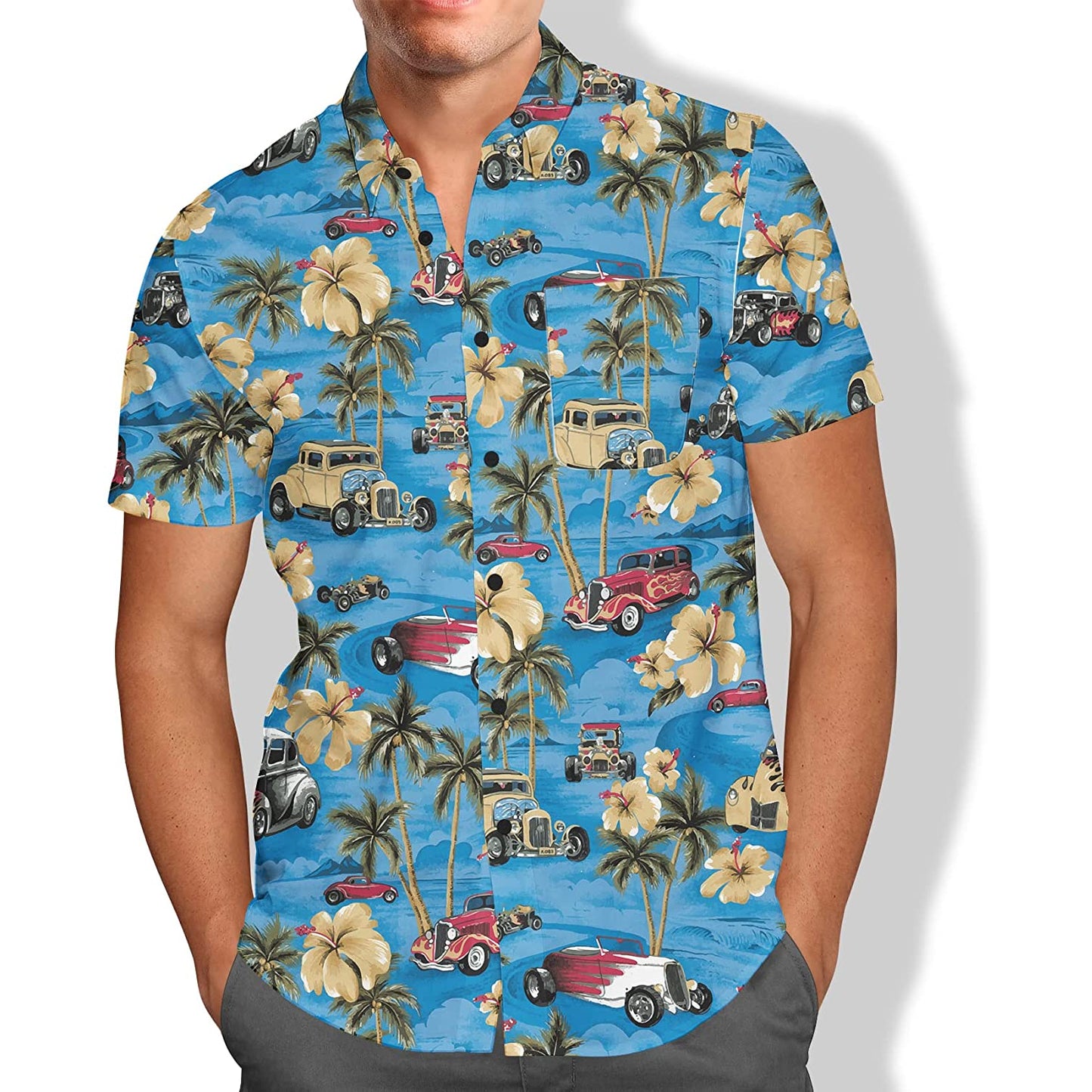 Palm Tree Car Blue Floral Hawaiian Shirt