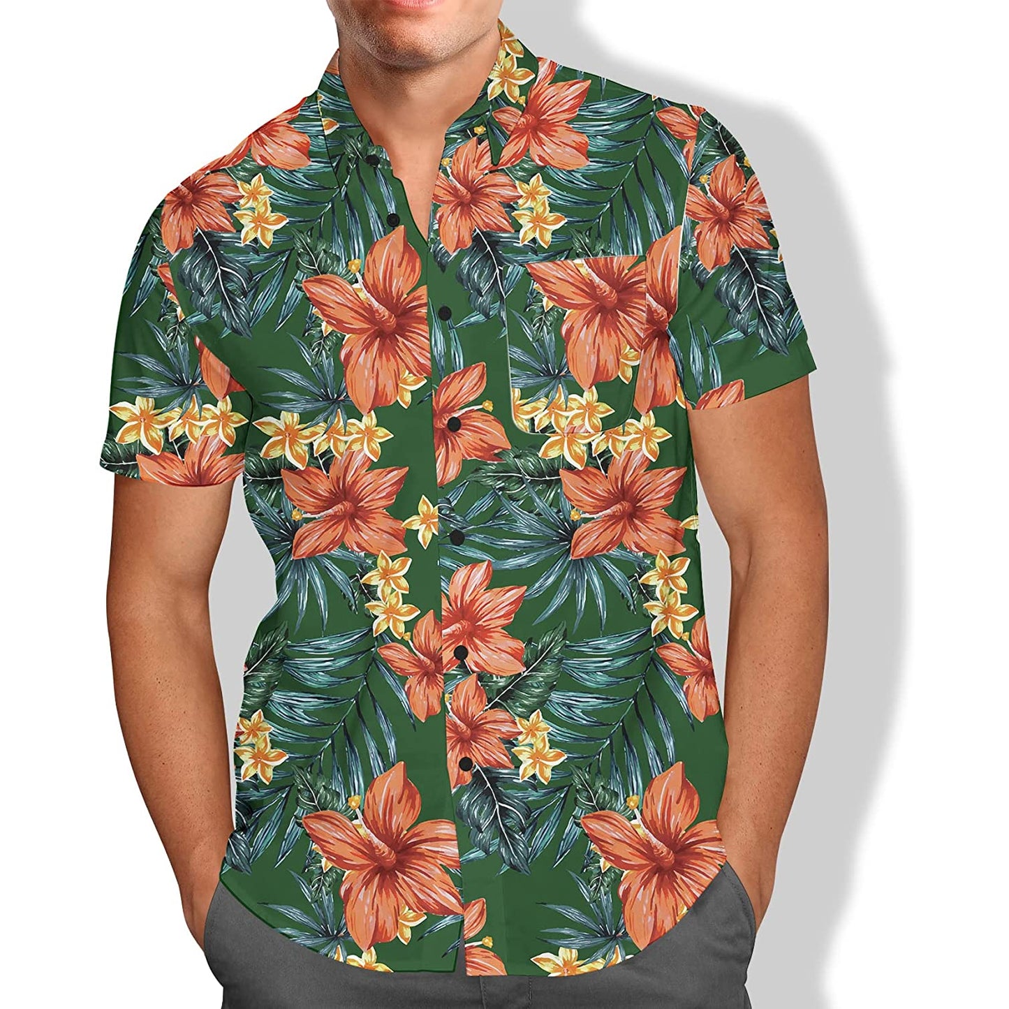 Red Flowers Green Floral Hawaiian Shirt