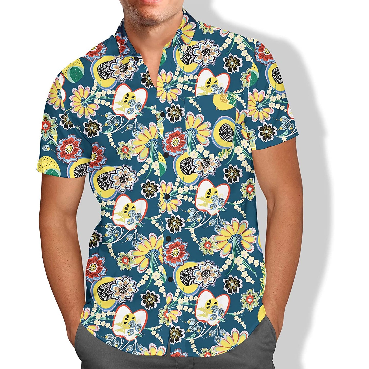 Tropical Fruits Blue Floral Hawaiian Shirt