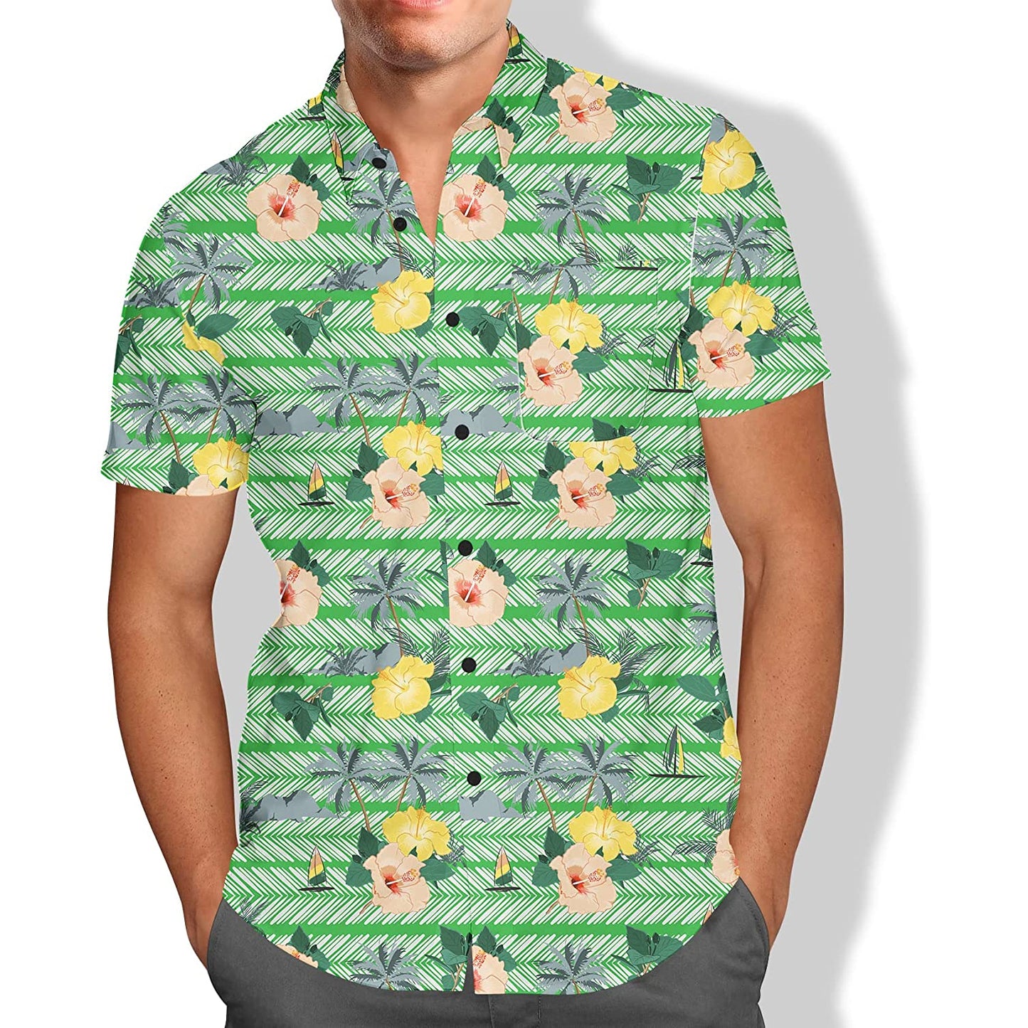 Flowers Palm Tree Green Floral Hawaiian Shirt