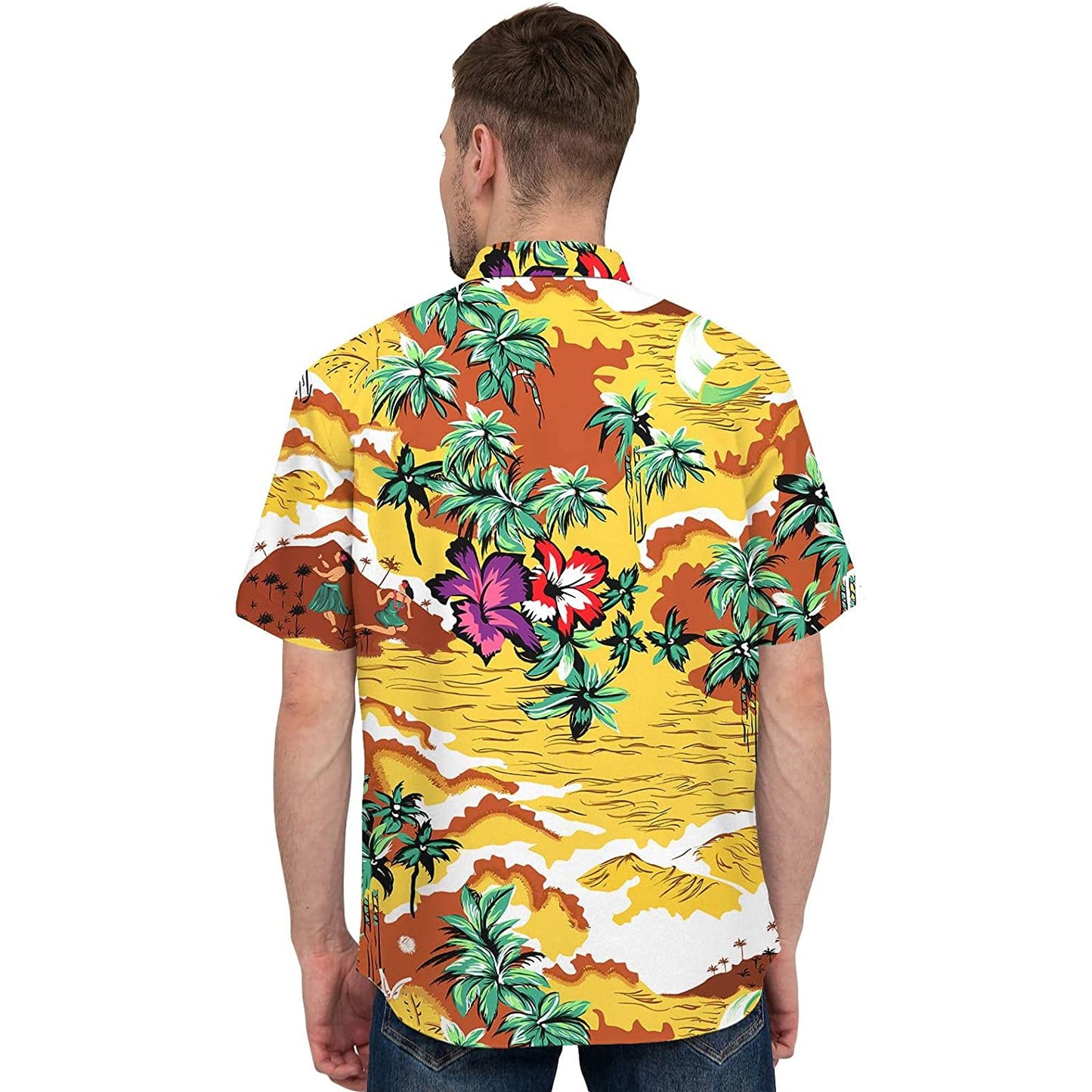 Doopccor 80s Yellow Palm Tree Vintage Button-Down Hawaiian Shirt