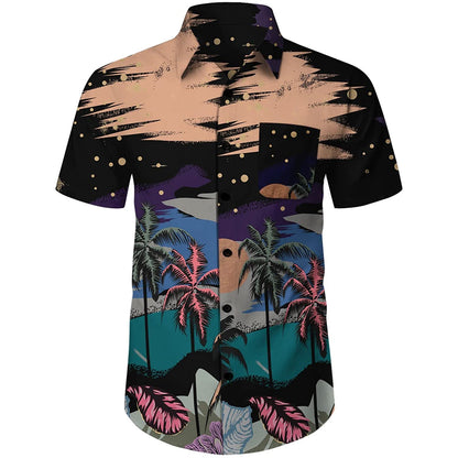 Doopccor 80s Brown Palm Tree Vintage Button-Down Hawaiian Shirt