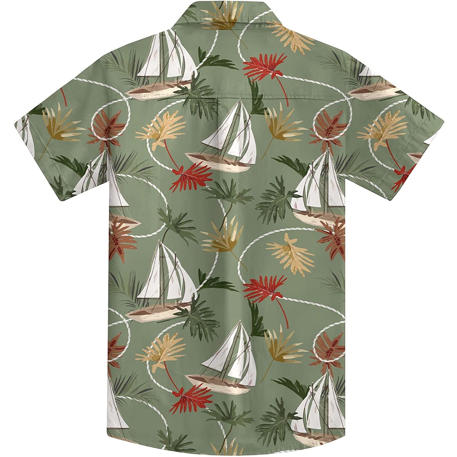 Doopccor 80s Green Leaf Sailboat Vintage Button-Down Hawaiian Shirt