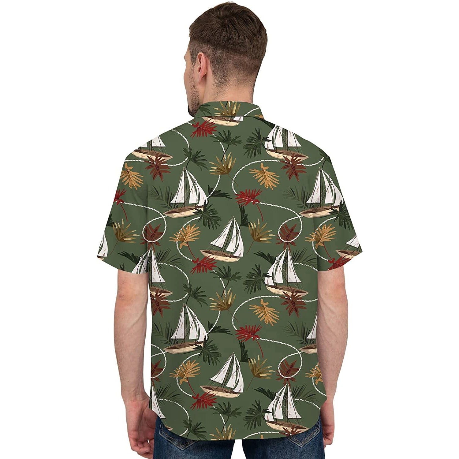 Doopccor 80s Green Leaf Sailboat Vintage Button-Down Hawaiian Shirt